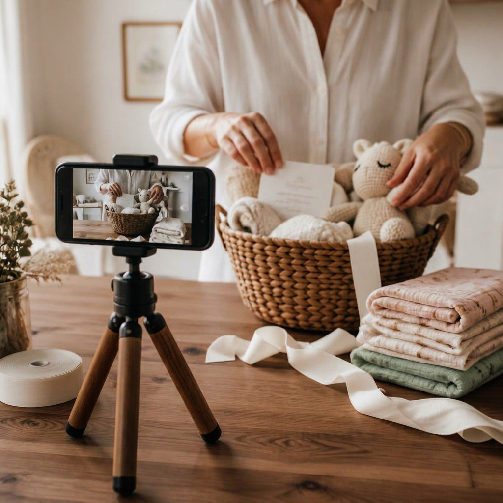 Phone on a tripod filming a gift box being packed with a swaddle and a plush bunny