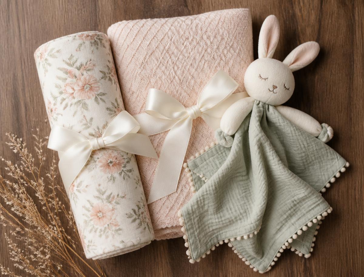 Three rolled swaddles in sage, walnut and blush tied with ivory ribbon