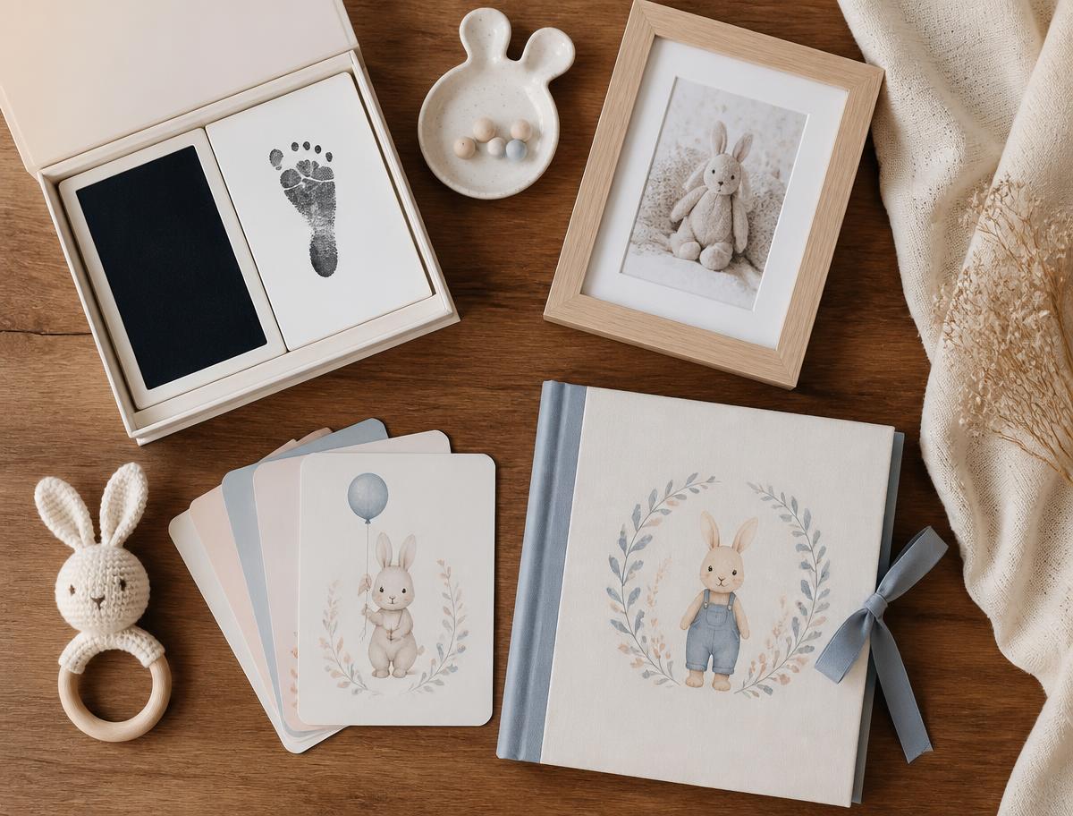 Walnut wood keepsake discs engraved with baby milestones beside eucalyptus