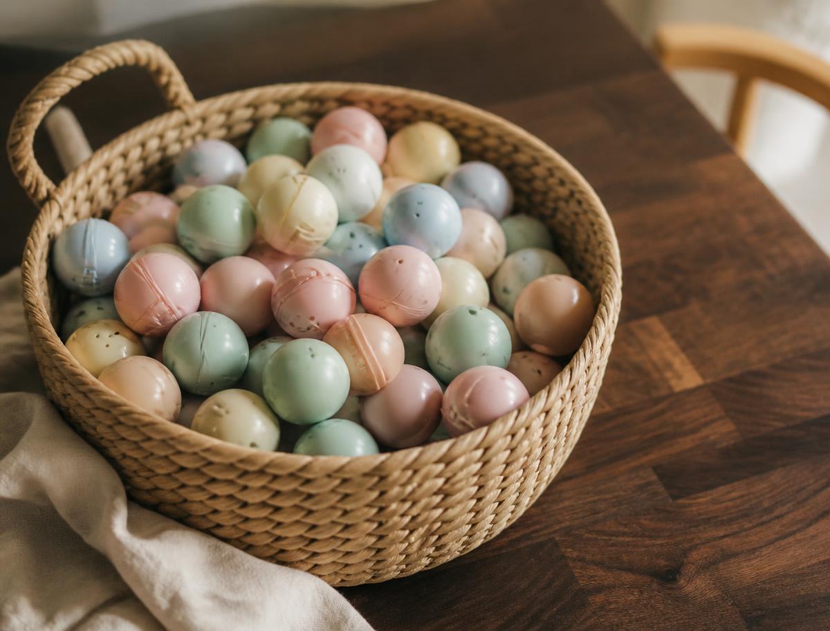Hand-woven seagrass basket filled with pastel capsules on a walnut table