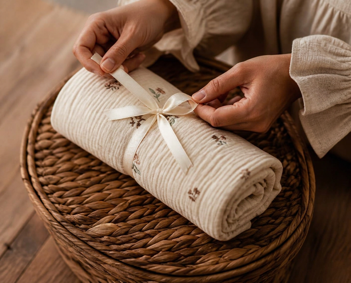 Hands tying an ivory ribbon around a rolled cream swaddle in a gift box