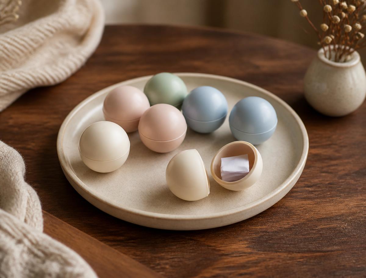 Cream stoneware plate holding scooped capsules, one opened to reveal a paper slip