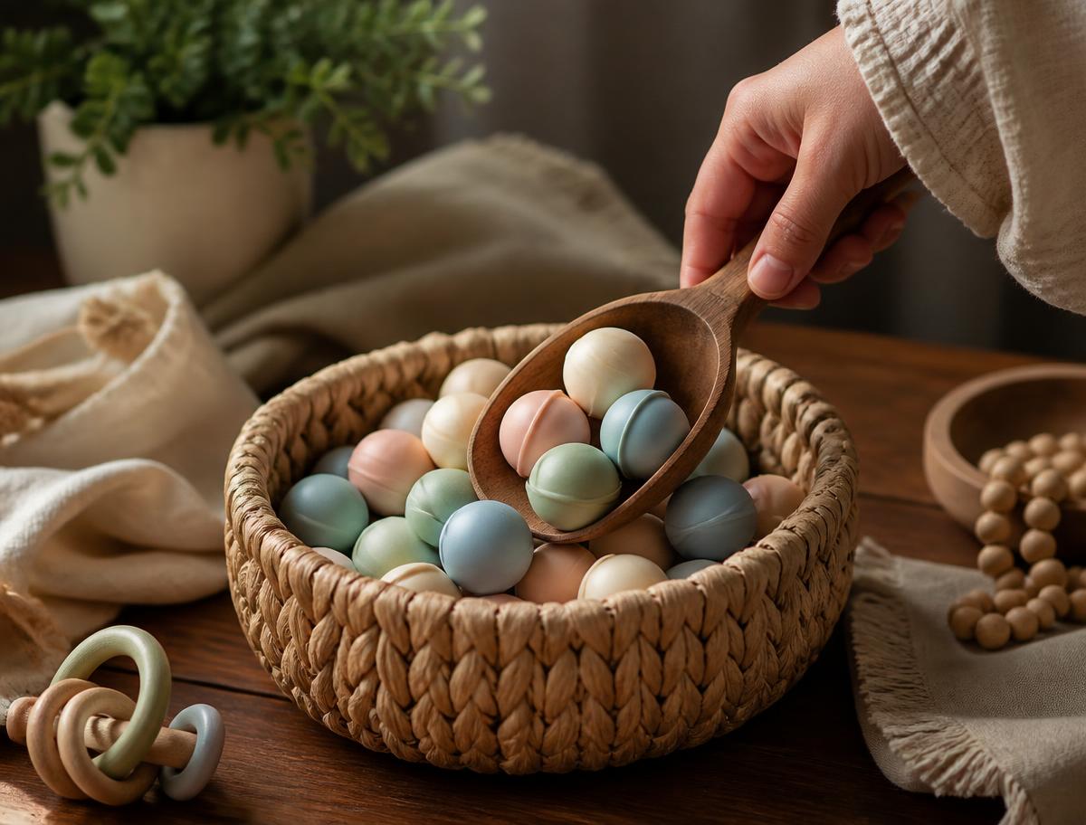 A hand lifting pastel capsules out of the basket with a scoop